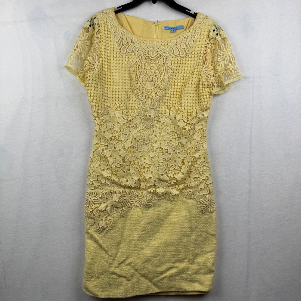 Antonio Melani Dress Yellow Lace Overlay Tweed‎ Sleeveless Summer Sz 8